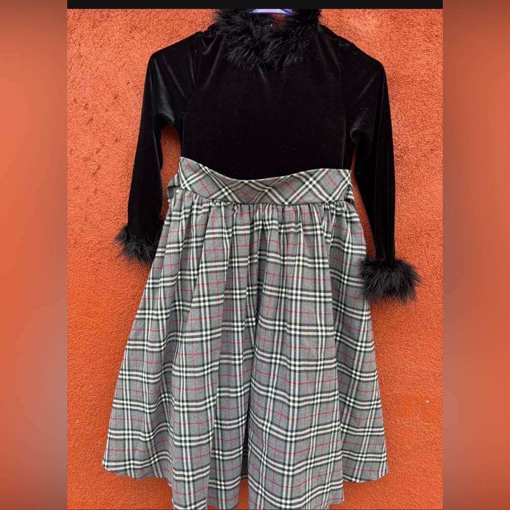 Black Velvet and Plaid Dress with Feather Cuffs